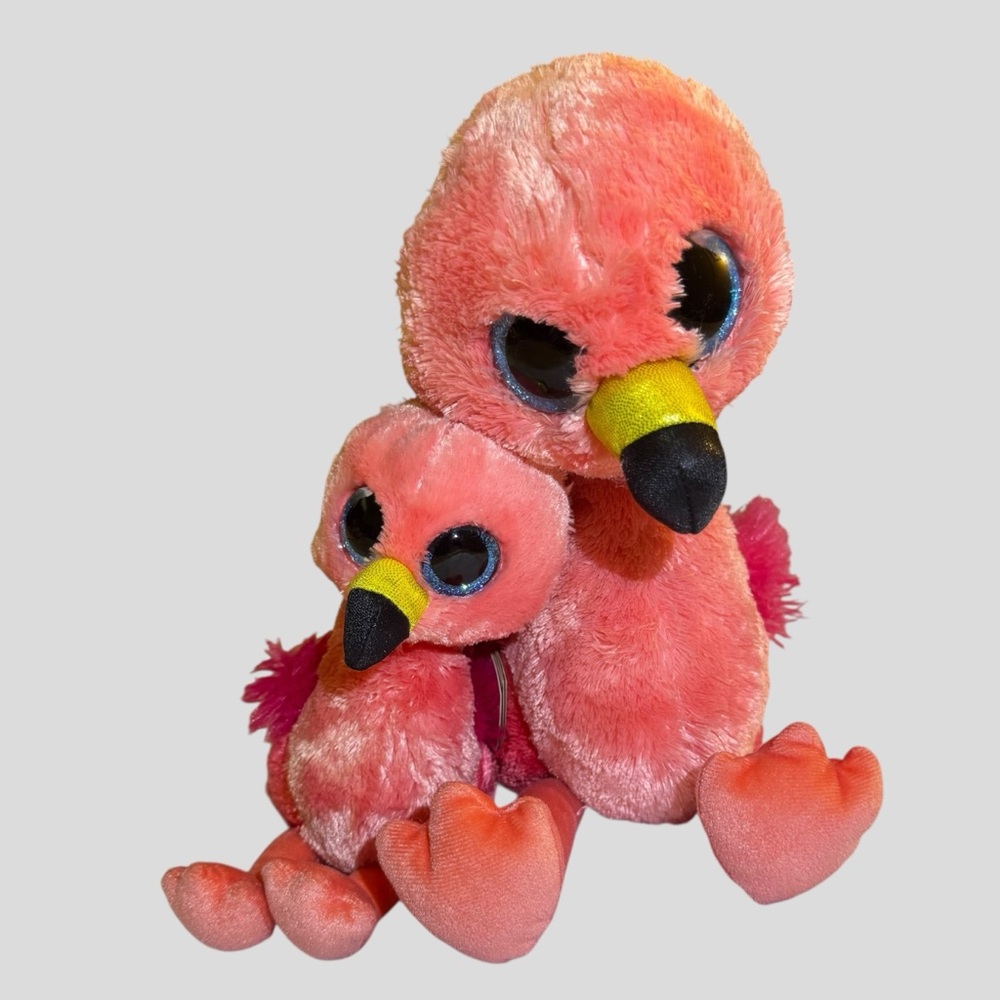 TY Beanie Boos Gilda Flamingo Plush Duo Stuffed Animal Set Blue Eyes 9”& 6” Tall